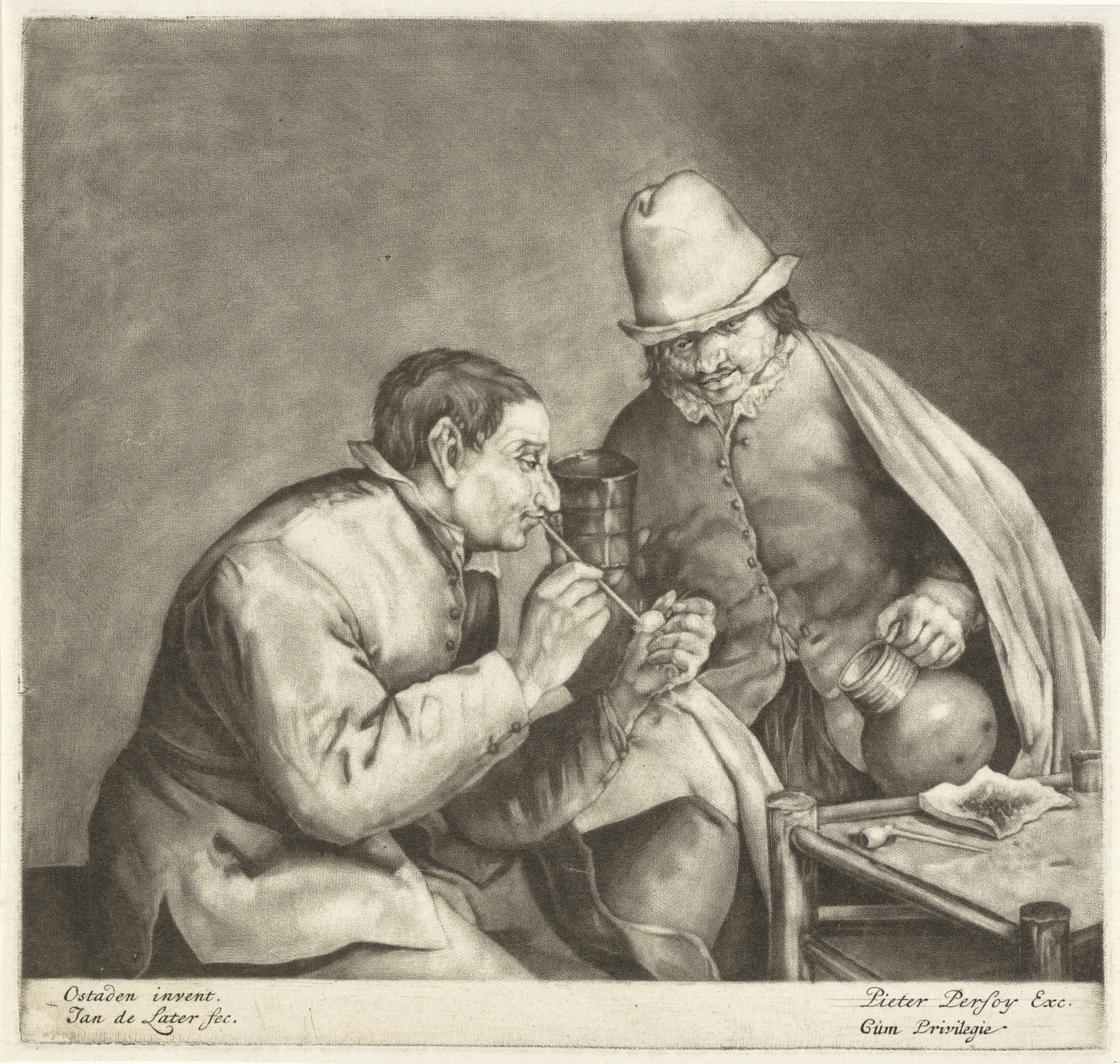 Roker en drinker, Jan de Later, after Adriaen van Ostade, 1680-1694