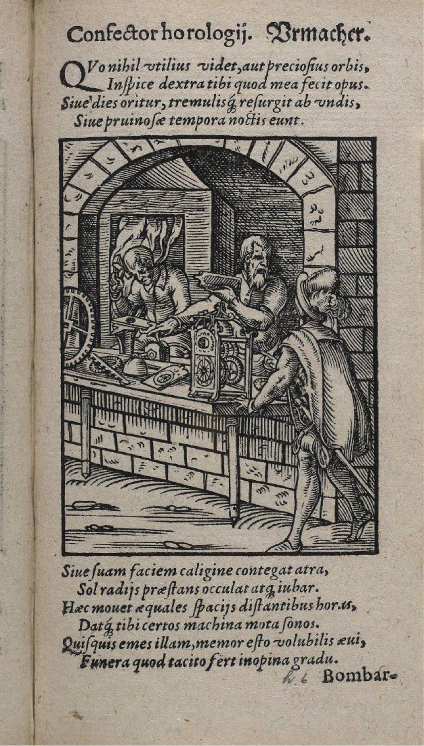 Woodcut illustration titled Confector horologij (Latin) and Urmacher (German), meaning ‘The Clockmaker’. From The Book of Trades (Frankfurt, 1568)